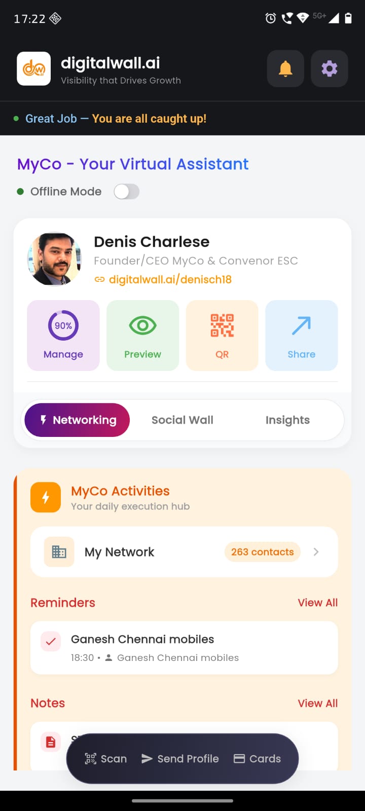 DigitalWall.ai MyCo — networking dashboard on mobile